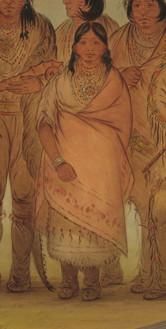 Look at the personal adornment: beaded necklaces and belts.