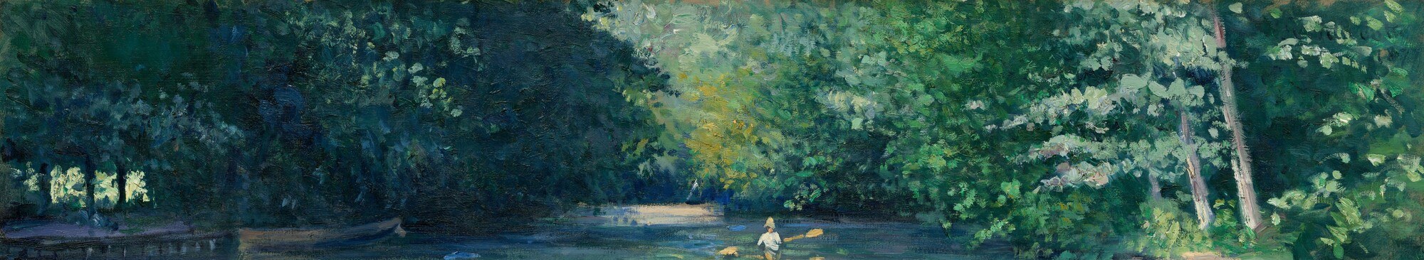The dark, richly painted canopy closes the composition at the top like a theatre backdrop and provides the green chromatic base reflected throughout the water below , connecting top and bottom of the canvas.