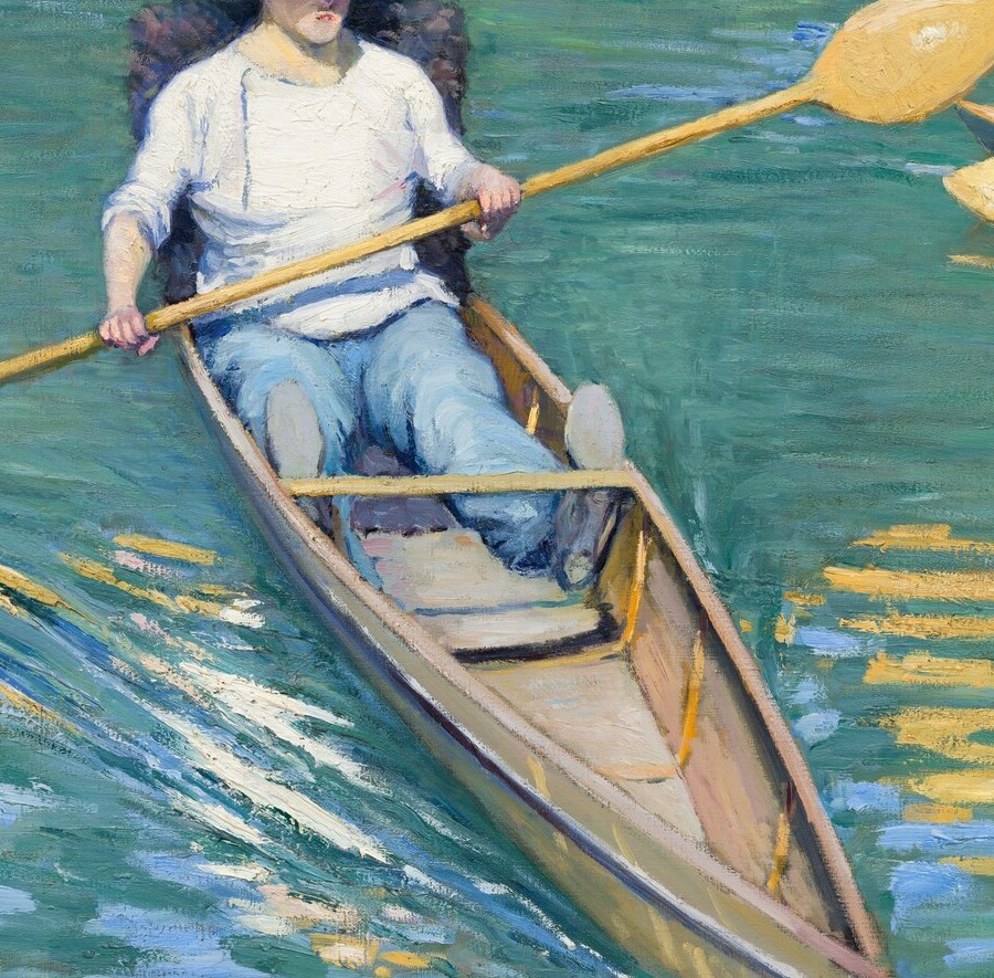 The most commanding figure , we see only his back, denying us his face, which forces attention onto posture and physical effort; a deliberate Caillebotte compositional choice echoing photography.