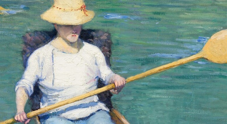 The pale golden hat anchors the centre of the composition and is painted with confident, solid brushwork against the vibrating water; a clear social marker of bourgeois leisure on the Yerres.