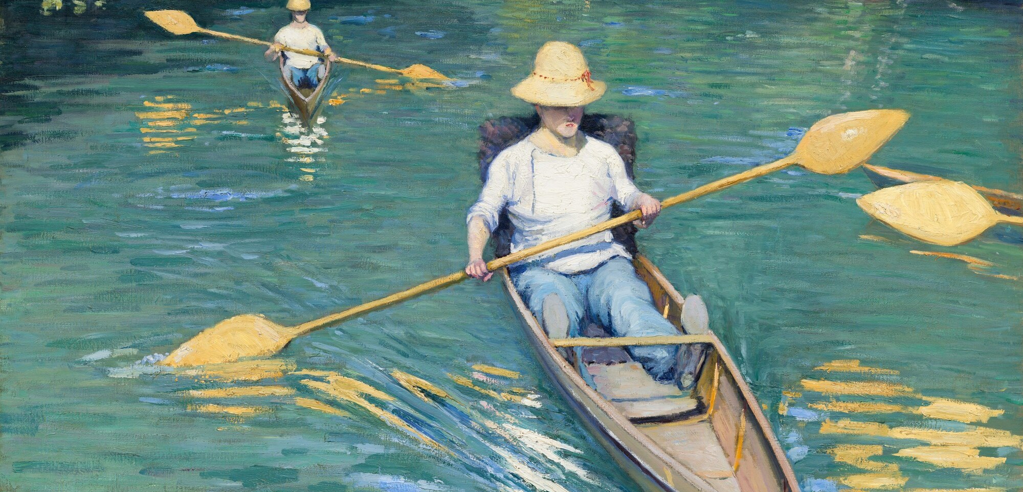 This is Caillebotte's technical showpiece: the water is built from hundreds of short, directional strokes in green-blue and warm ochre that simultaneously describe reflected light and motion , the clearest evidence of his dialogue with Impressionist technique.