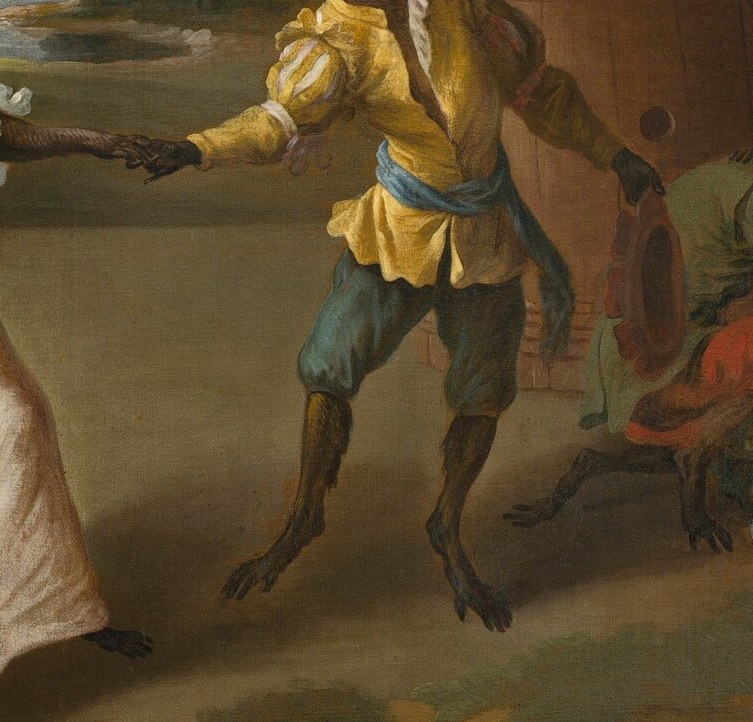 His vibrant yellow jacket and blue breeches, along with his dynamic pose, emphasize the energy and theatricality of the scene.