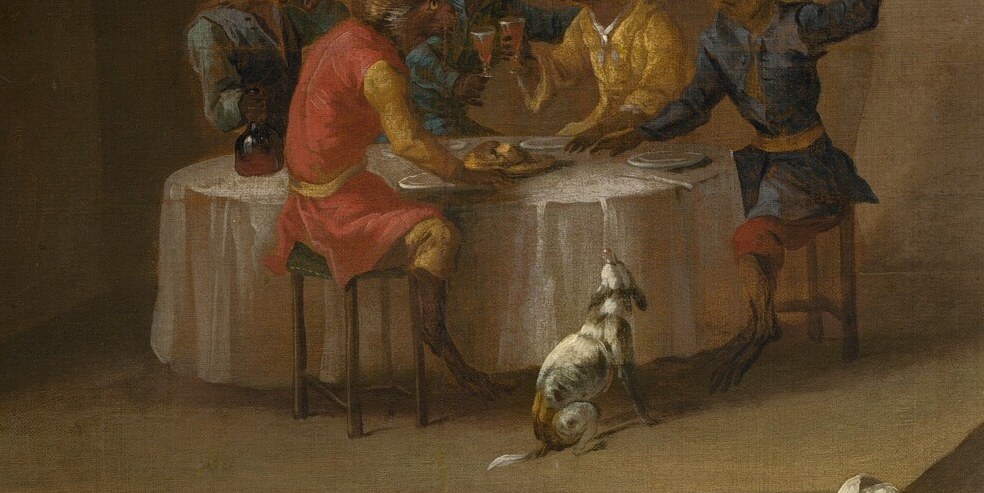 The group at the table, with food and drink, illustrates the 'singerie' theme of monkeys engaging in human social rituals, offering a humorous reflection on society.
