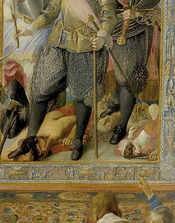 His armor and stern expression convey a sense of military might and determination.