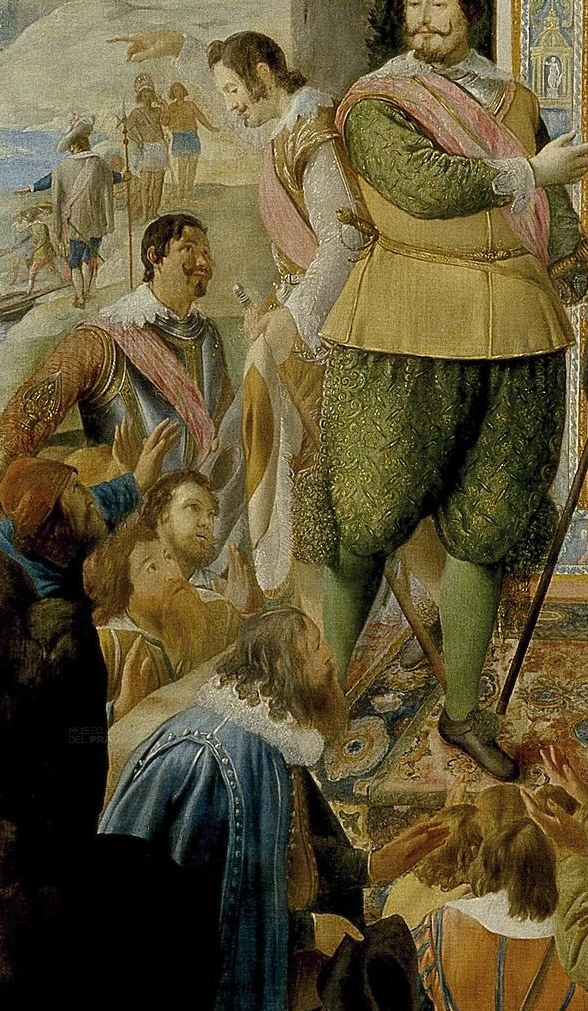 His prominent position and elaborate green costume suggest he is a central character, perhaps the commander being honored.