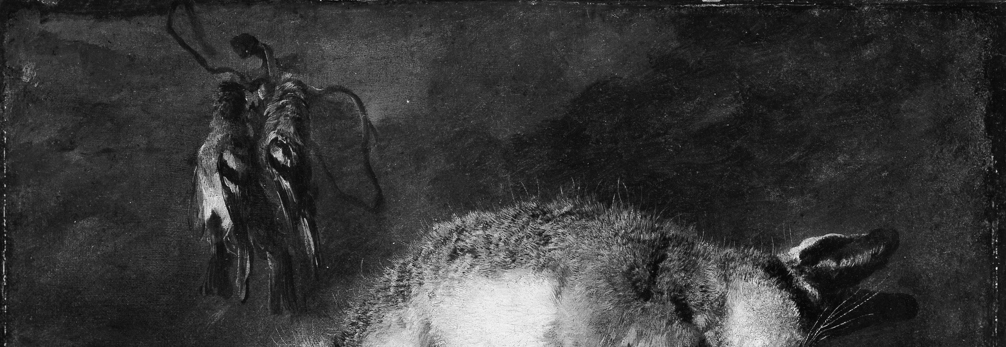 The deep, shadowy background isolates the subjects, emphasizing their presence and the dramatic mood.