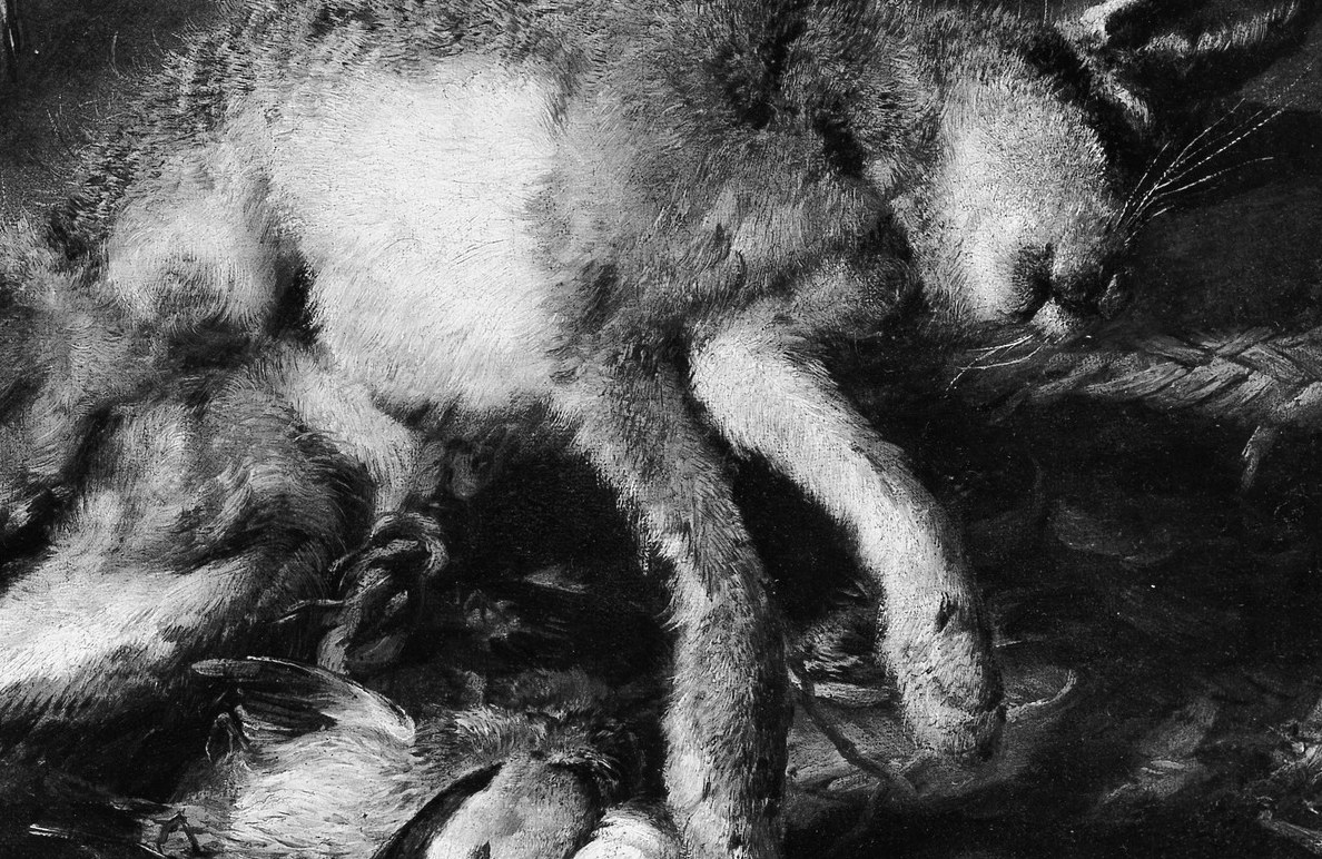 A dead hare, displayed so prominently, signifies mortality.