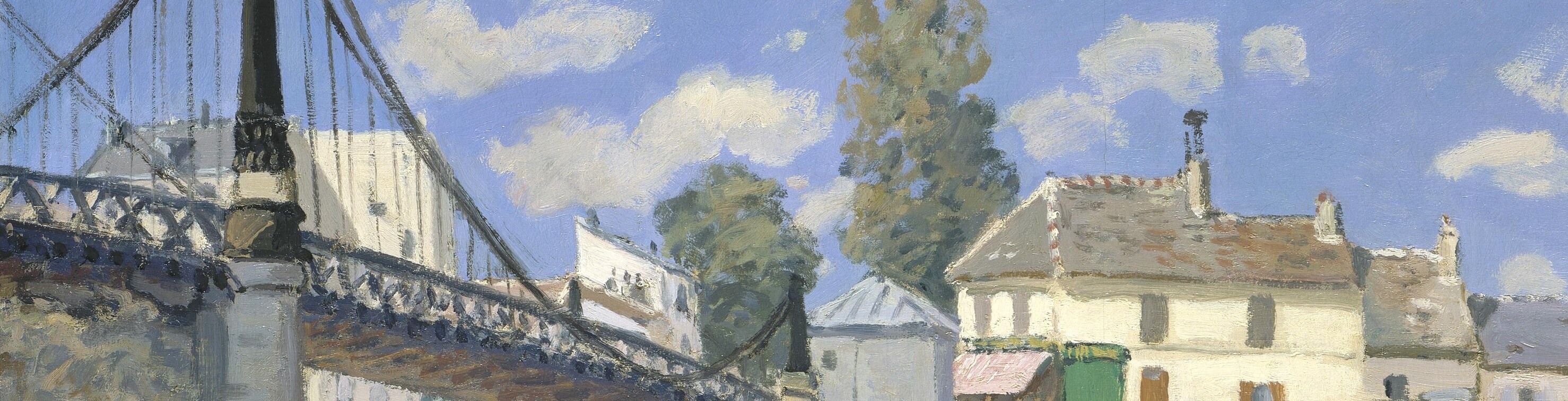 Sisley's most radical compositional choice , the deck enters cropped from the far left and rises toward the right in a near-geometric diagonal, treating iron engineering the way a modernist would treat an abstract plane; almost no contemporaneous painter framed a bridge this close.