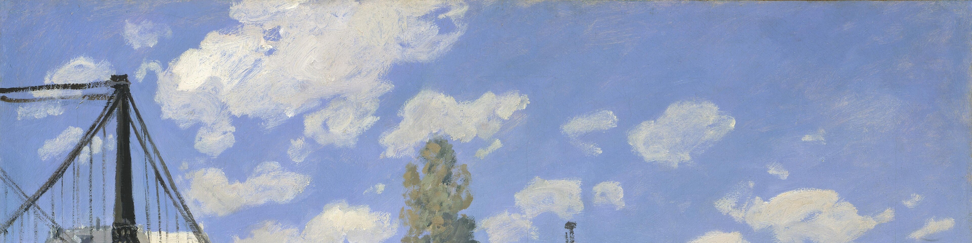 The sky occupies roughly the top quarter and is painted with flat, confident strokes of white and blue-grey; its rounded cloud masses rhyme with the stone of the piers and provide the tonal key against which all other values are calibrated.
