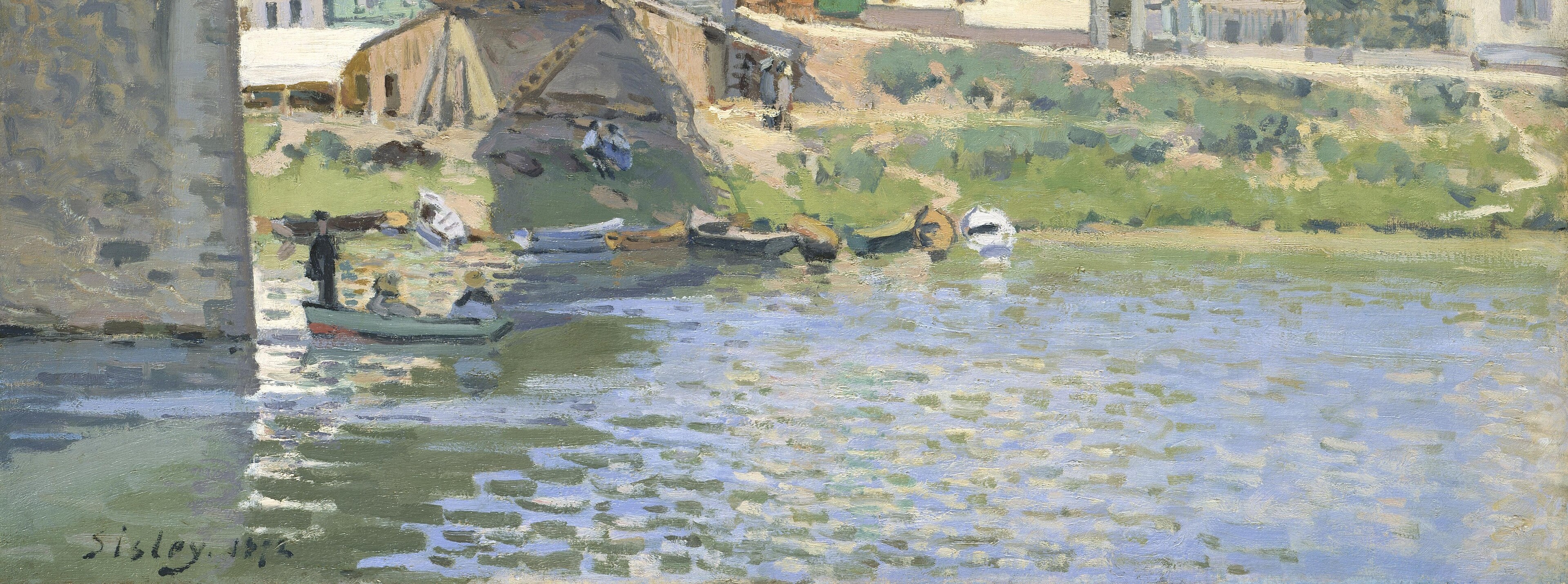This is the painting's technical showcase , directional horizontal strokes of cobalt, grey-green, and white create optical vibration that makes still water read as perpetually moving; the technique anticipates Monet's serial water studies by two decades.