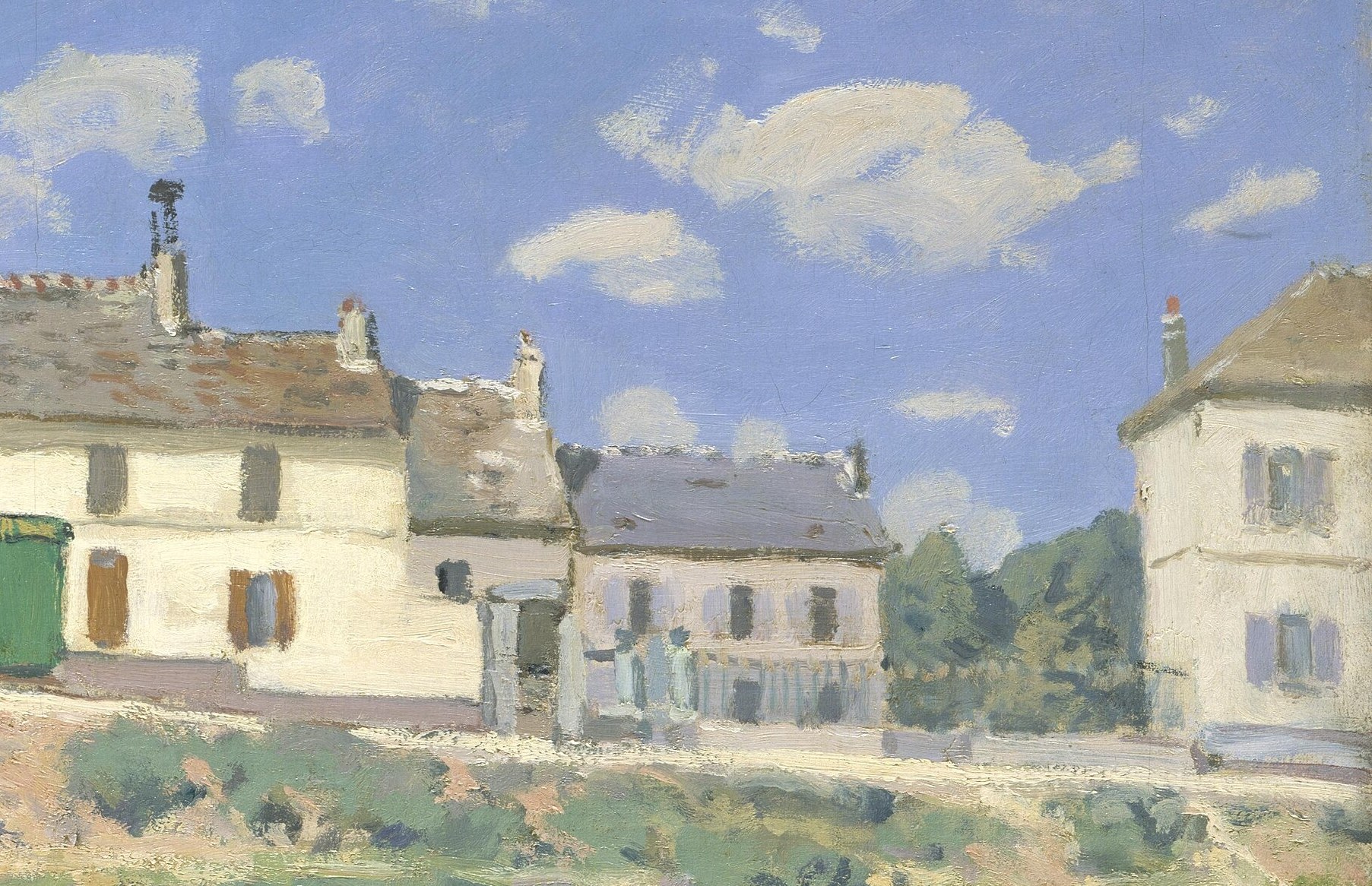 The warm white walls of Villeneuve-la-Garenne anchor the right side and name the painting's place; the shuttered windows and pitched roofs record a suburban vernacular that the iron bridge physically connected to Paris, changing the village's character entirely.