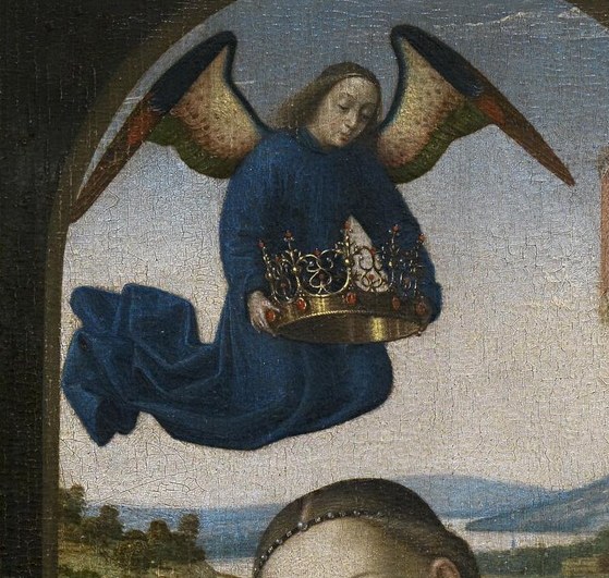 An angel hovers above with a crown.