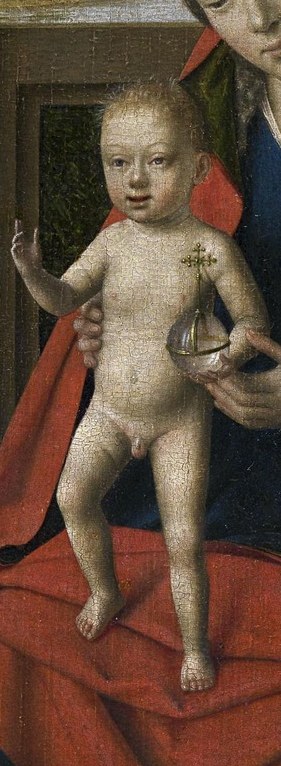 He shows Mary holding the Christ Child.