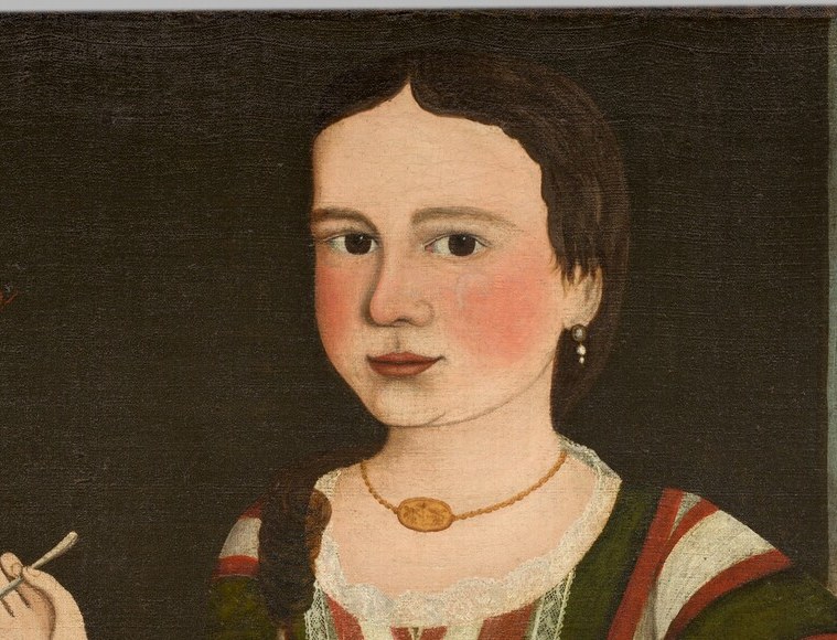 The sitter's wide, frontal stare is a hallmark of limner folk portraiture , unmodeled yet intensely present, locking eyes with any viewer across three centuries.