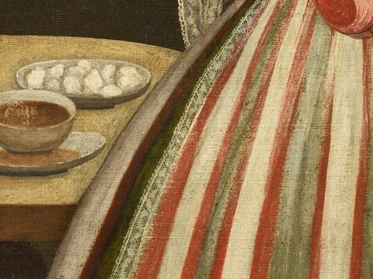 A second piece of fruit held at waist level doubles the symbolic weight; apples signal temptation and original sin, oranges signal prosperity and rarity in the Hudson Valley.