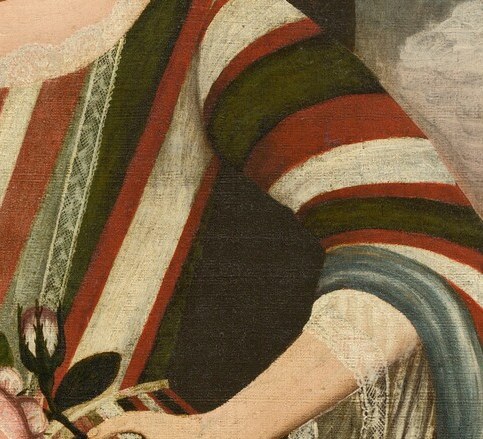 Pinching a cherry or strawberry between thumb and forefinger was a conventional attribute of innocence and transience in colonial child portraits , a memento mori in miniature.