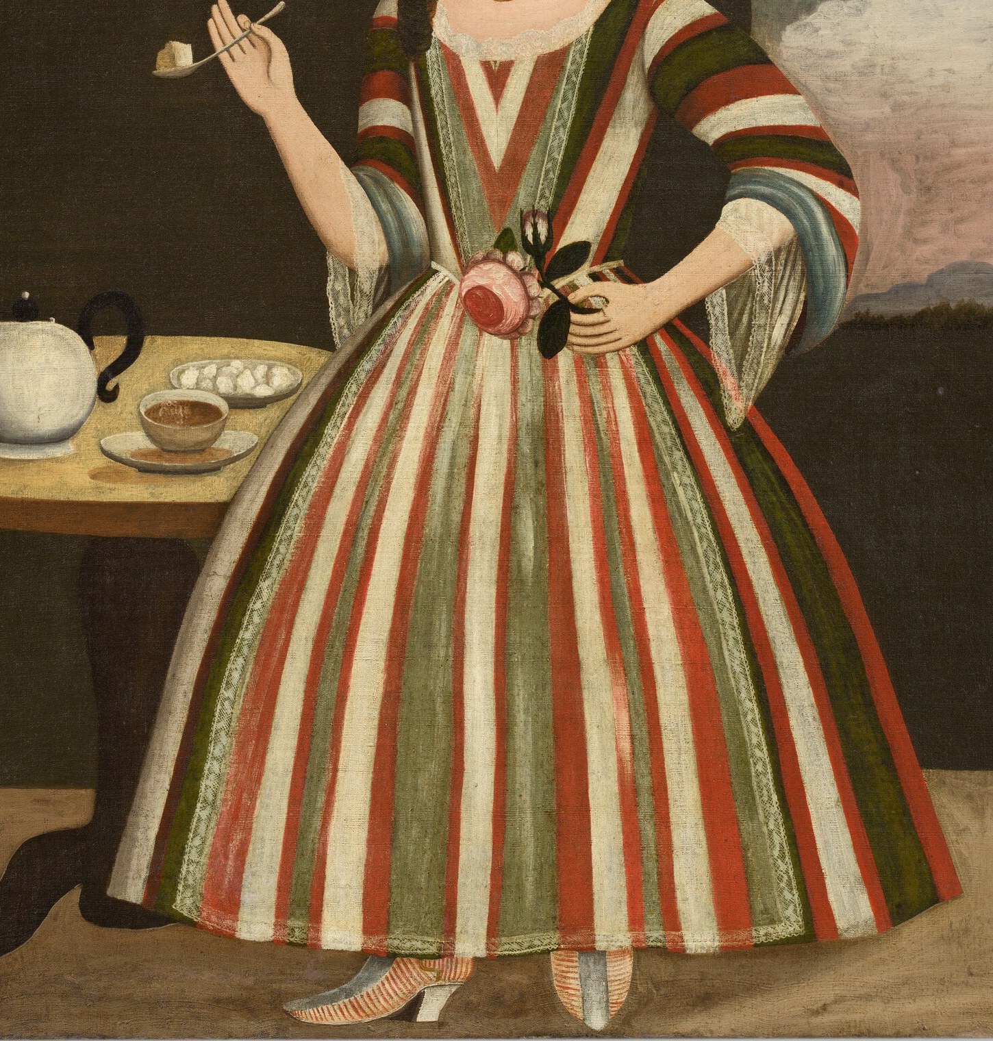 Painted on bed ticking whose own woven stripes likely inspired the costume pattern , or the dress fabric and the support are the same material, blurring sitter and canvas in an extraordinary material coincidence.