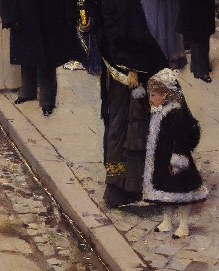 The sole flash of pure white in a sea of black mourning-dark Sunday dress; the child's smallness and innocence create a poignant counterpoint to the stiff adult ritual surrounding her.