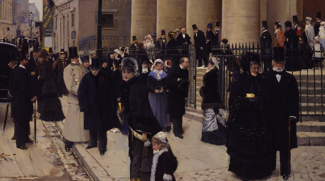 Béraud's signature achievement: a believable crowd with individual postures and social clusters, each figure subtly differentiated despite the uniformity of black dress , a sociological document in paint.