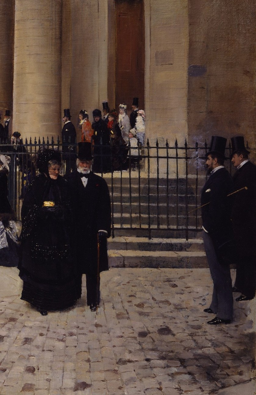 Marks the boundary between sacred forecourt and public street; its verticality echoes the columns and subtly contains the congregation, raising questions about who is inside and who is out.