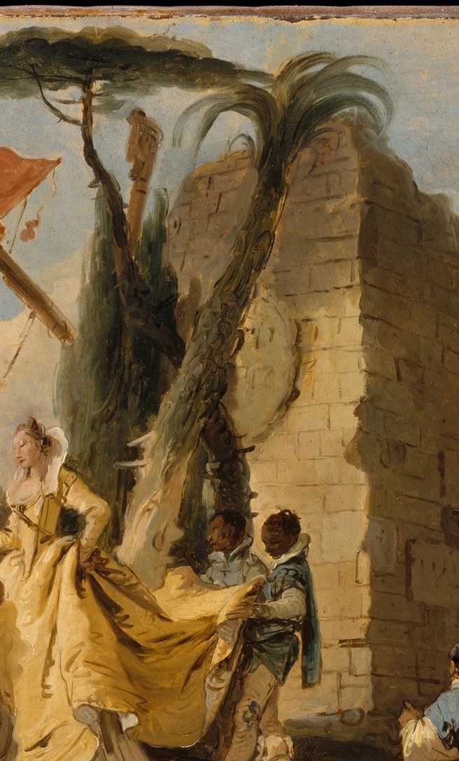 The looming ruin grounds the scene in antiquity and dwarfs the human drama below it; Tiepolo uses it as a coulisse to seal the right side and push the eye back inward toward the protagonists.