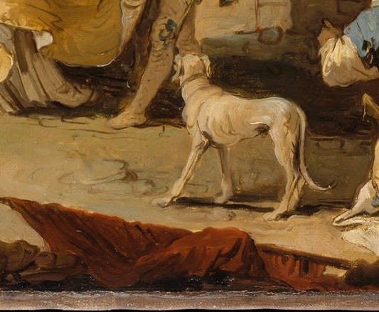The dog at their feet is a symbol of fidelity, watching history.