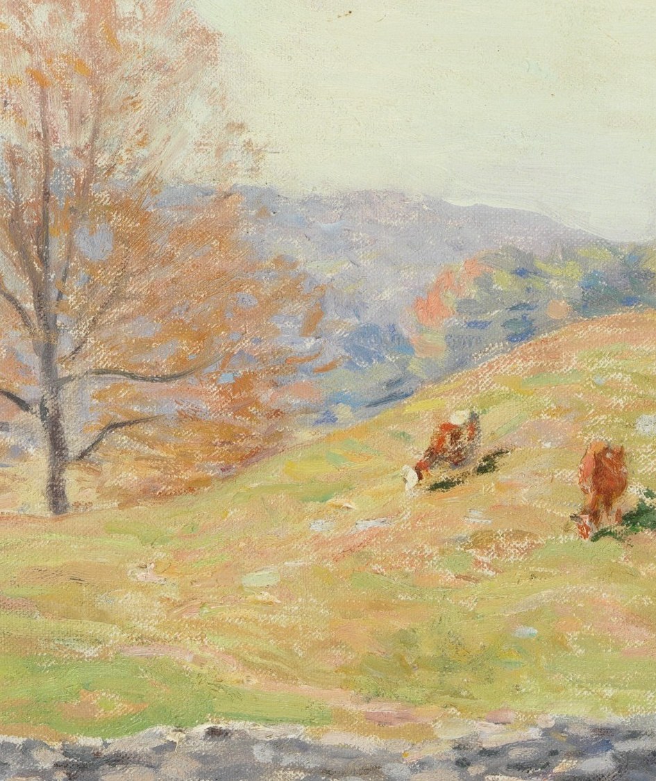 Its vibrant orange leaves signal the peak of autumn, contrasting with the surrounding greens and blues.