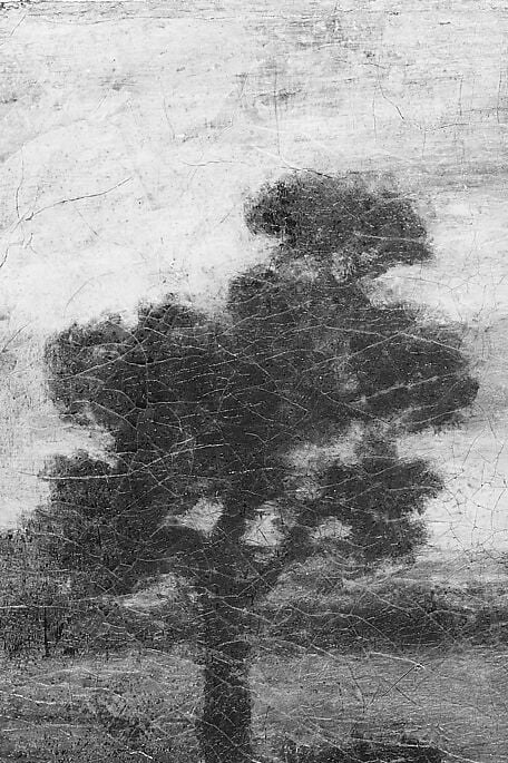 The dominant compositional anchor; its twisted silhouette against the sky conveys age and solitude, characteristic of Ryder's brooding romanticism.