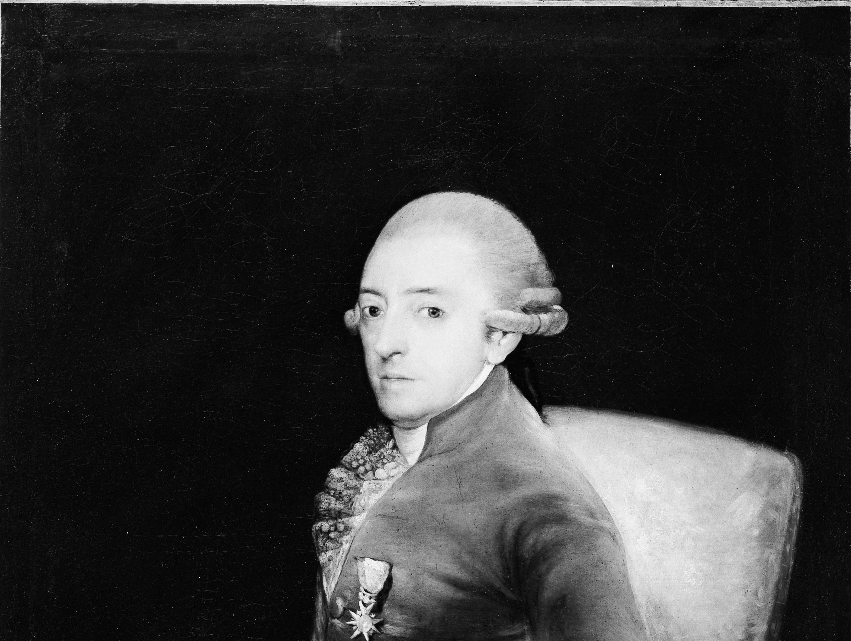 The featureless dark ground throws the figure into sharp relief , a chiaroscuro strategy that Goya used to concentrate attention on personality rather than setting.