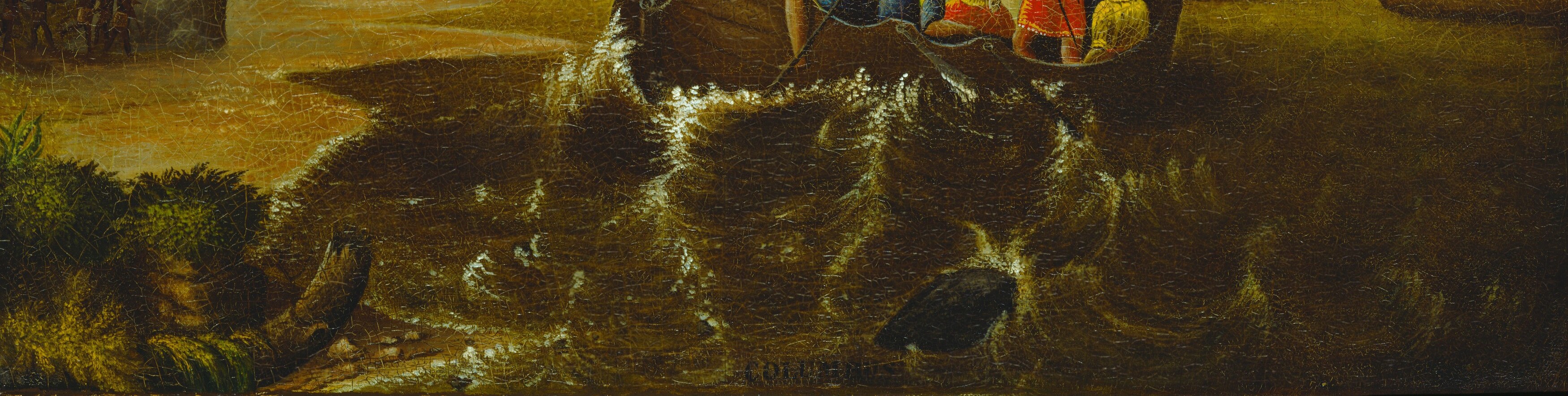 The choppy water conveys the perilous nature of the voyage and the raw power of the ocean.