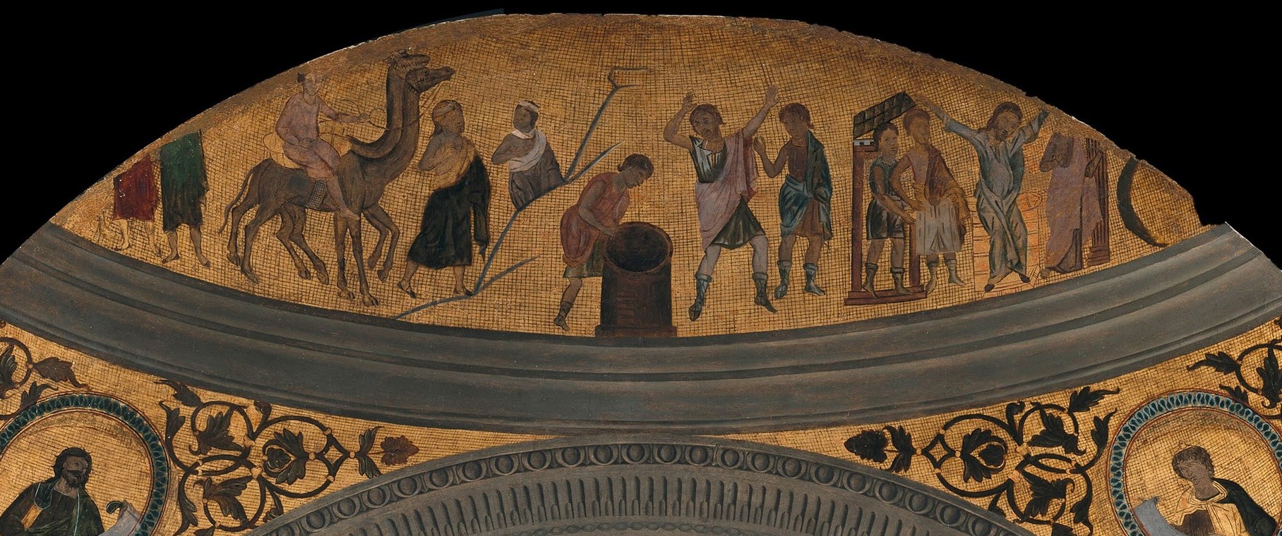 Above, a mosaic frieze shows a narrative scene.