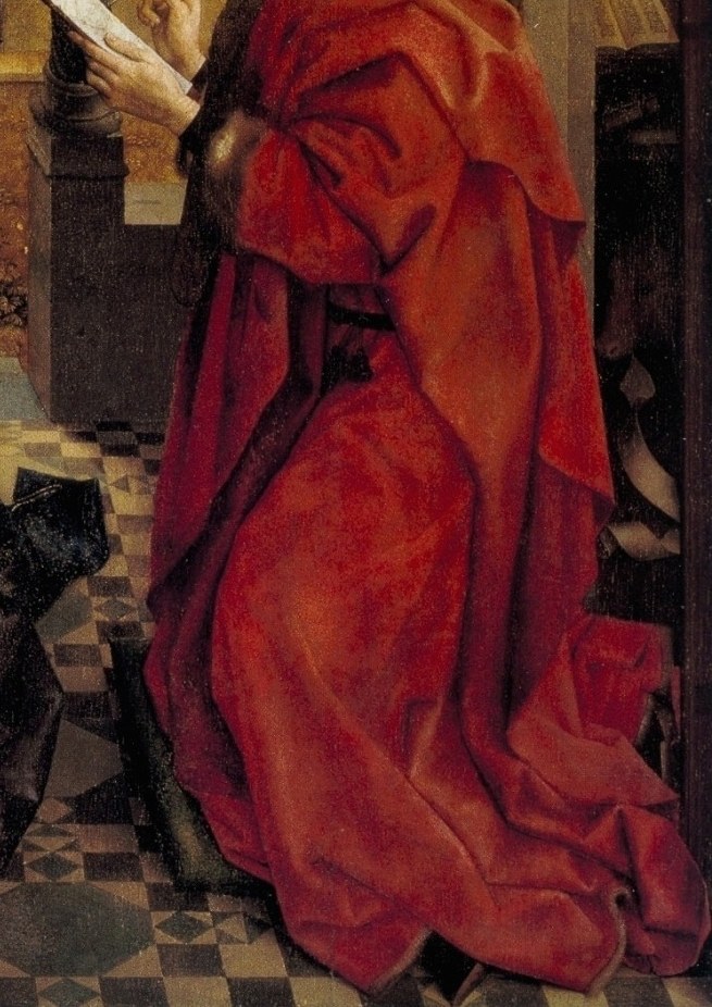 The rich texture and deep folds of the fabric are a masterclass in depicting drapery.