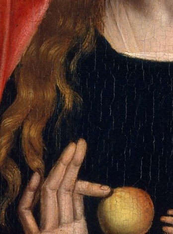 The luminous orb is the painting's symbolic engine: the apple of Eden offered as prefiguration of Christ's redemptive role, catching more light than any other object in the composition.