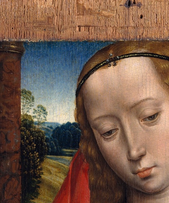 The same world continues behind her. He painted everything, even where no one would look.
