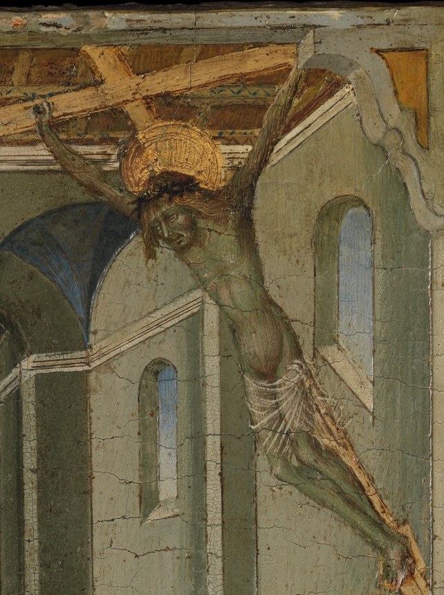 The vision appearing to Catherine , arms outstretched in the same gesture mirroring her own, making the correspondence between donor and receiver visually literal.
