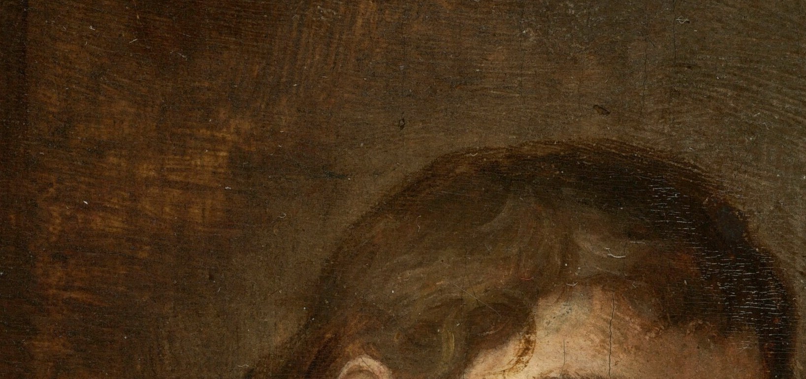 The gaze breaks the fourth wall; eyes track the viewer even as the figure is in the middle of working , a deliberate rhetorical choice about who is watching whom.