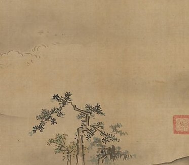 Heavily inked pines contrast sharply with the pale silk ground, demonstrating Kano school brushwork economy , each stroke decisive and calligraphic.