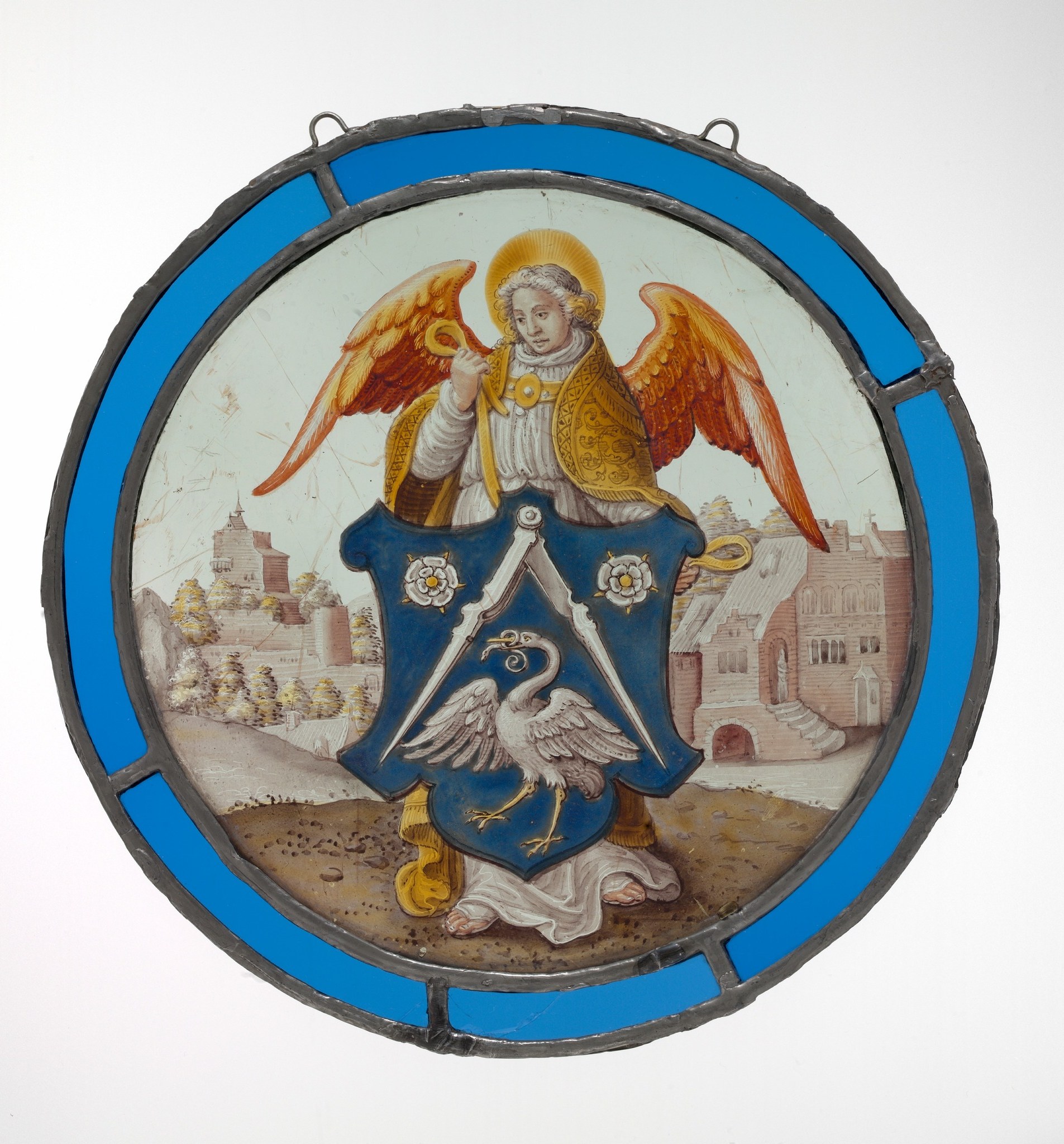 The defining feature of the tondo or roundel format; the azurite-blue ring and visible structural divisions (lead came) suggest this is stained glass, not panel painting , a medium identification that changes how to read the whole image