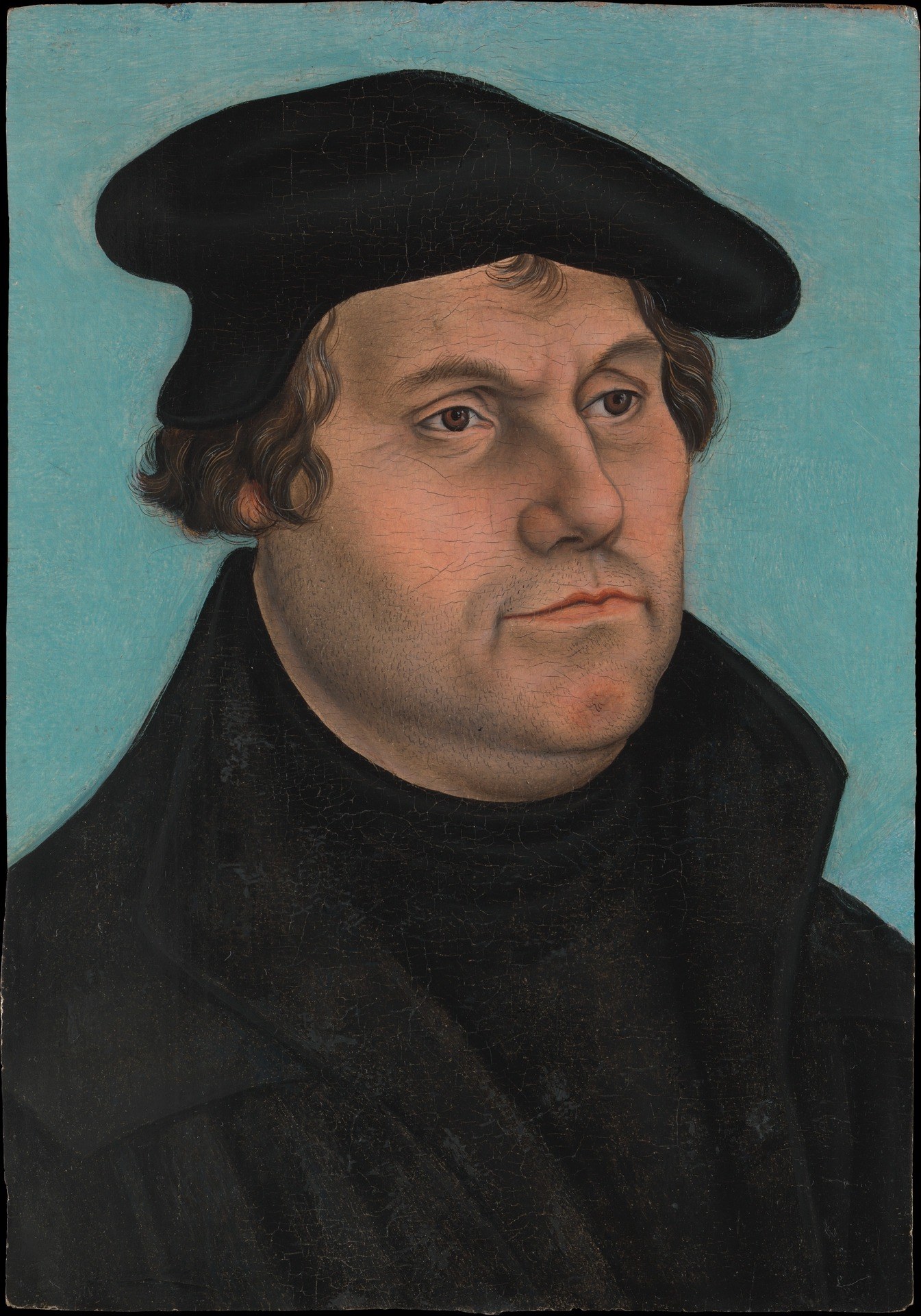 The plain, luminous background isolates the subject, drawing all attention to Luther's presence.