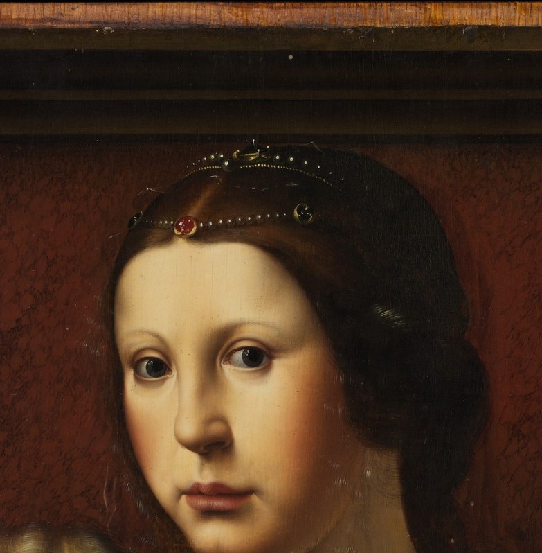 Mary holds her son with a calm, direct gaze.