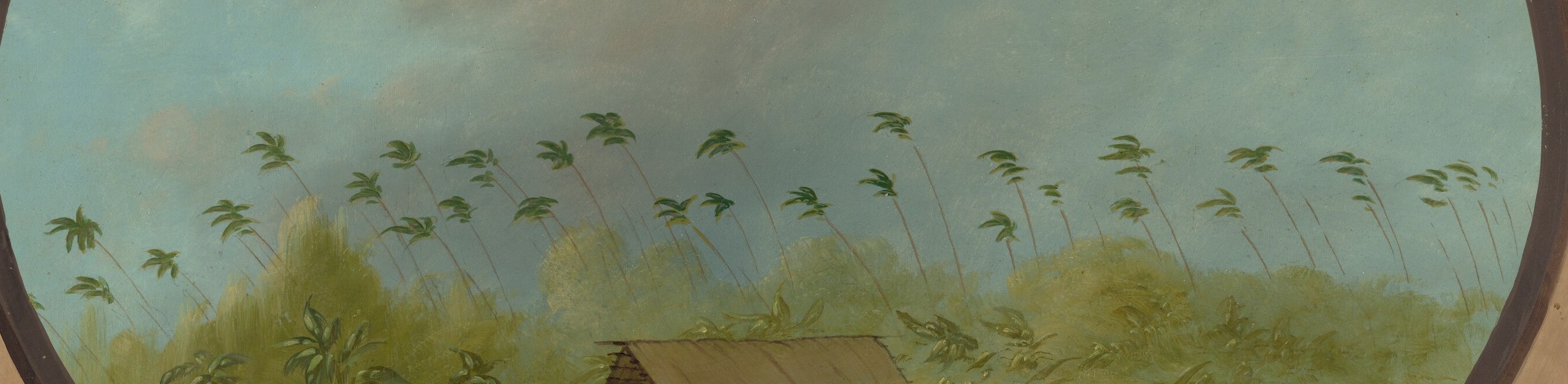 The dynamic, leaning posture of the trees conveys a sense of wind and environmental conditions.