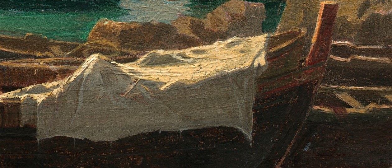 Look closely at this weathered boat and its draped sailcloth.