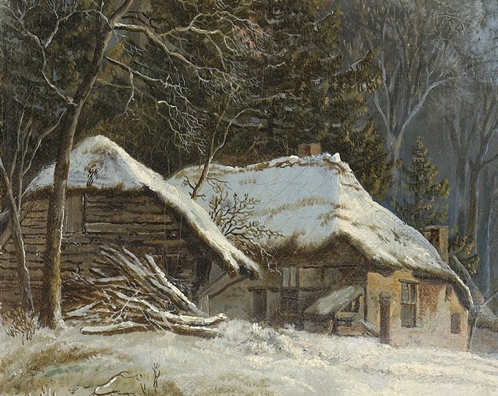 The humble dwelling, blanketed in snow, evokes a feeling of warmth and shelter against the harsh winter elements.
