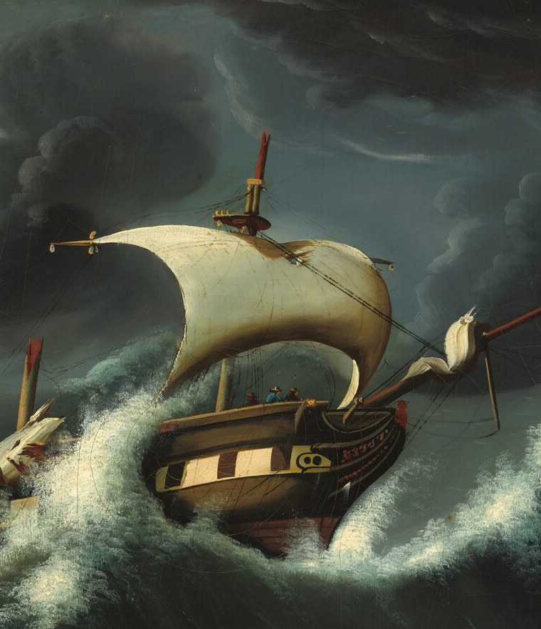 Largest single element; almost luminous white against the dark sky , the visual anchor and symbol of the ship's contest with the storm, lit as if from within