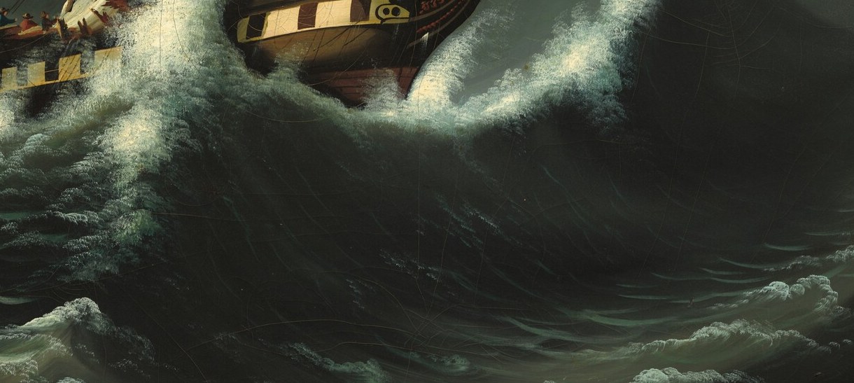 Compact, toylike silhouette riding at a dramatic heel; Chambers renders it with folk-art solidity rather than maritime accuracy, making it feel simultaneously real and mythic