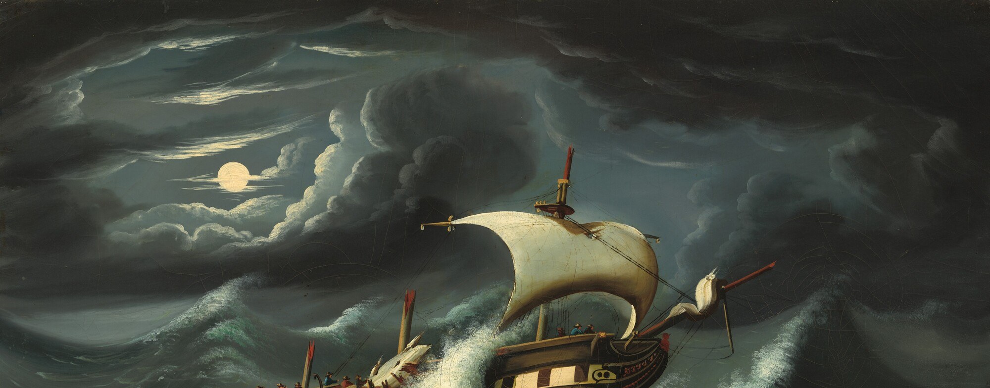 Chambers paints clouds as thick sculptural scrolls, almost architectural , the sky reads as an active antagonist, not backdrop, and this non-naturalistic treatment is the painting's most audacious move
