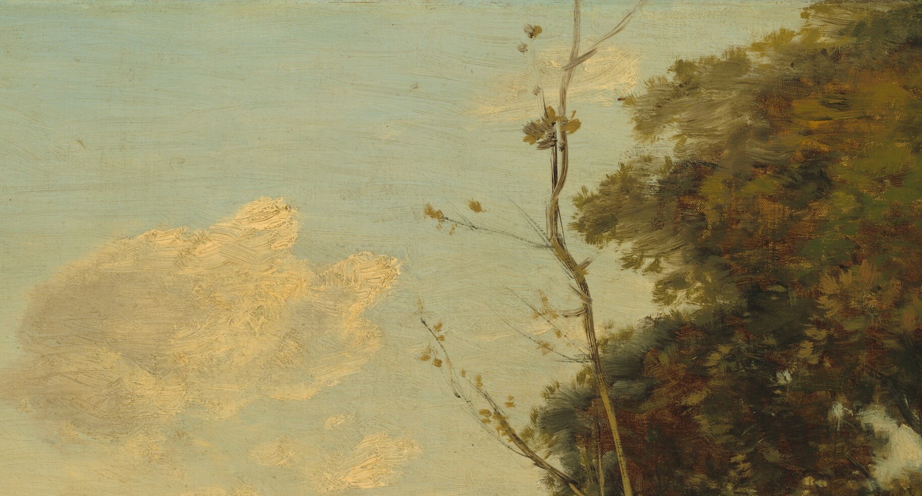 The painting's primary light source; its warm, creamy edges set the late-afternoon mood that suffuses every sunlit surface below