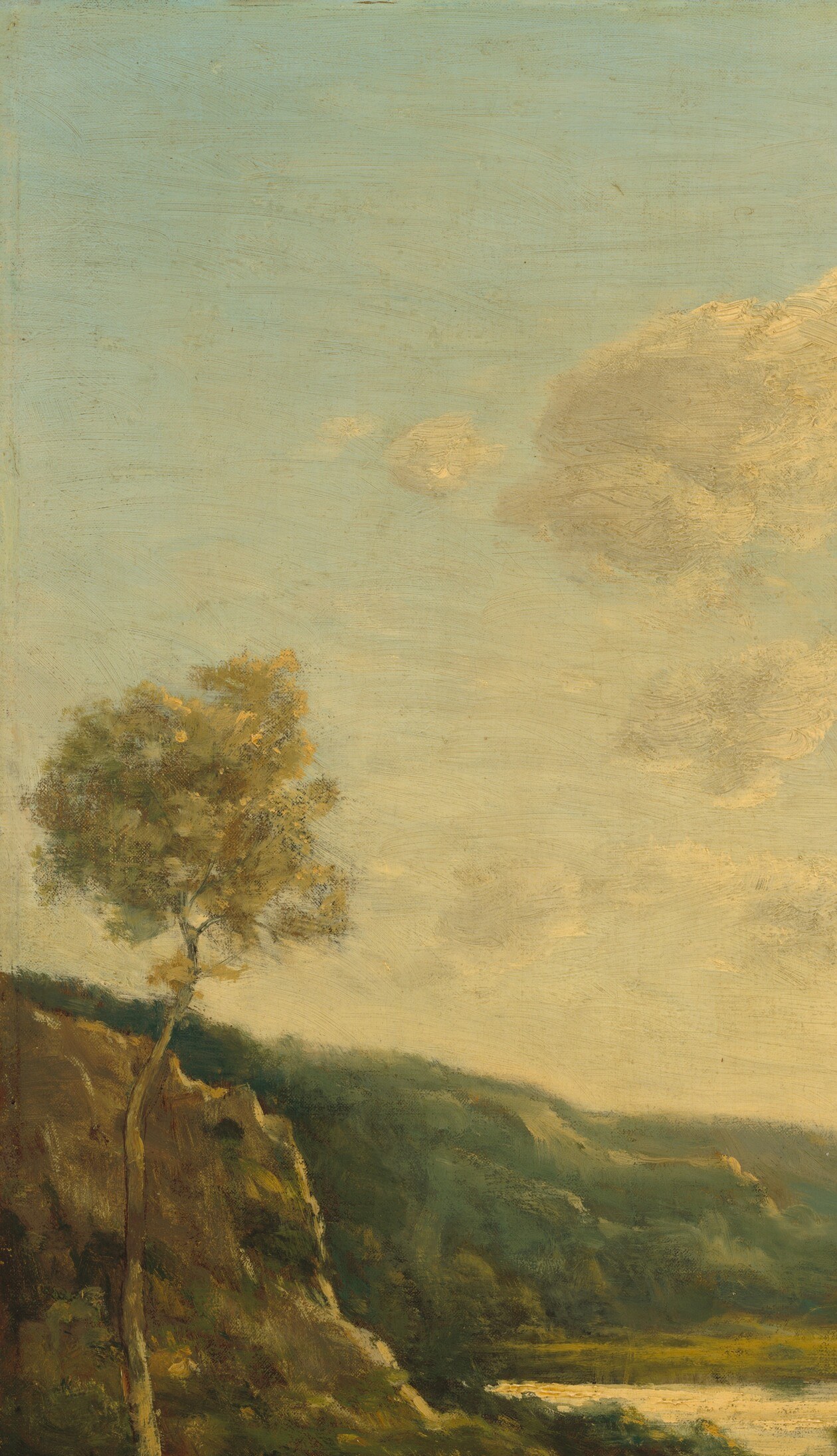 Acts as a dark repoussoir arch that channels the viewer's eye toward the luminous water and open sky beyond; a classical framing device used with conviction