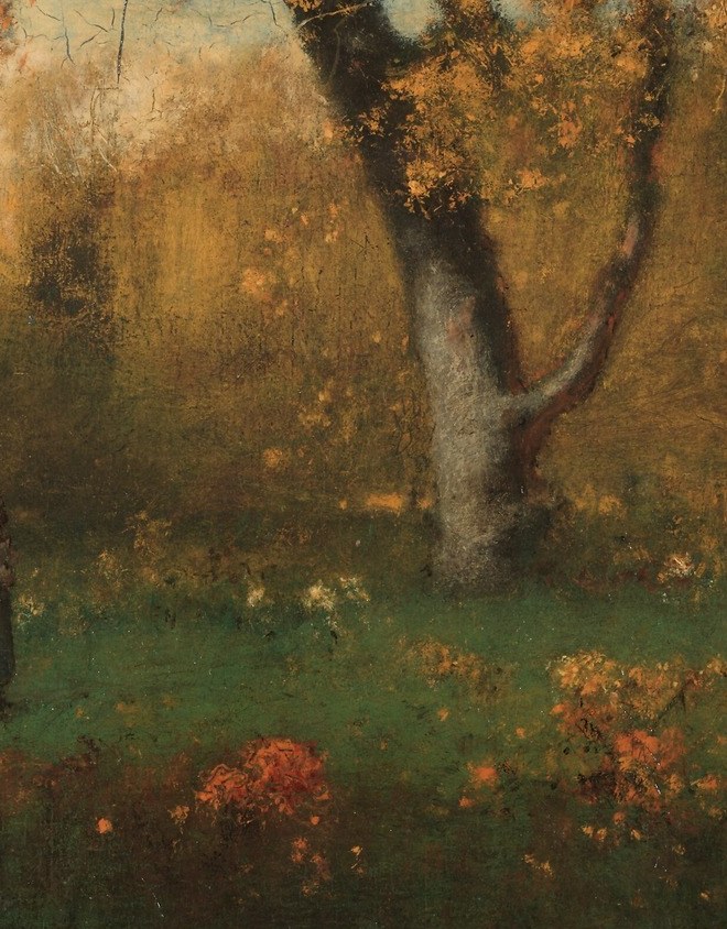 Its textured bark and autumnal foliage suggest the passage of time and the beauty of nature's cycles.