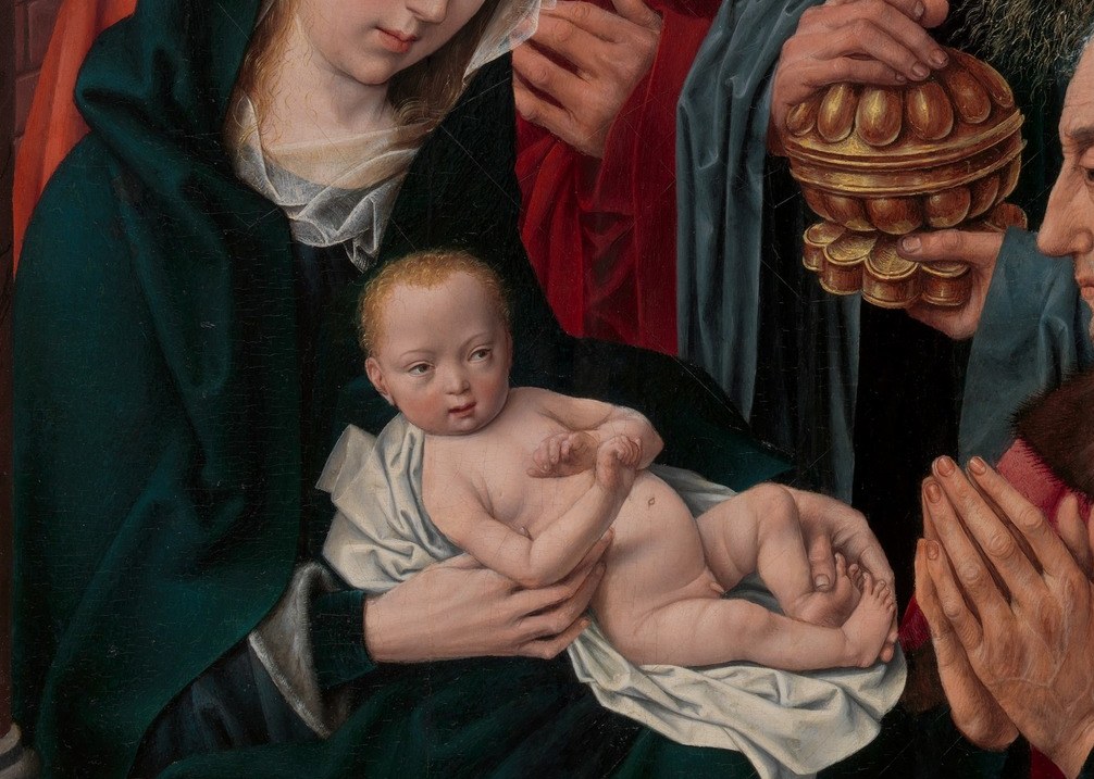 The exposed, vulnerable body of the Christ child against the draped cloth is the theological center of the composition , the divine made flesh.